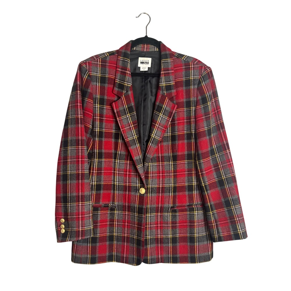 Vtg Leslie Fay Blazer Sz 14 Red Tartan Plaid Wool Blend Dark Academia Preppy 90s